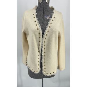Tara Ryan, 100% wool open front fringe, Cardigan, L